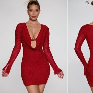 Oh Polly Nice Long Sleeve Deep Plunge Mini Dress in Red
